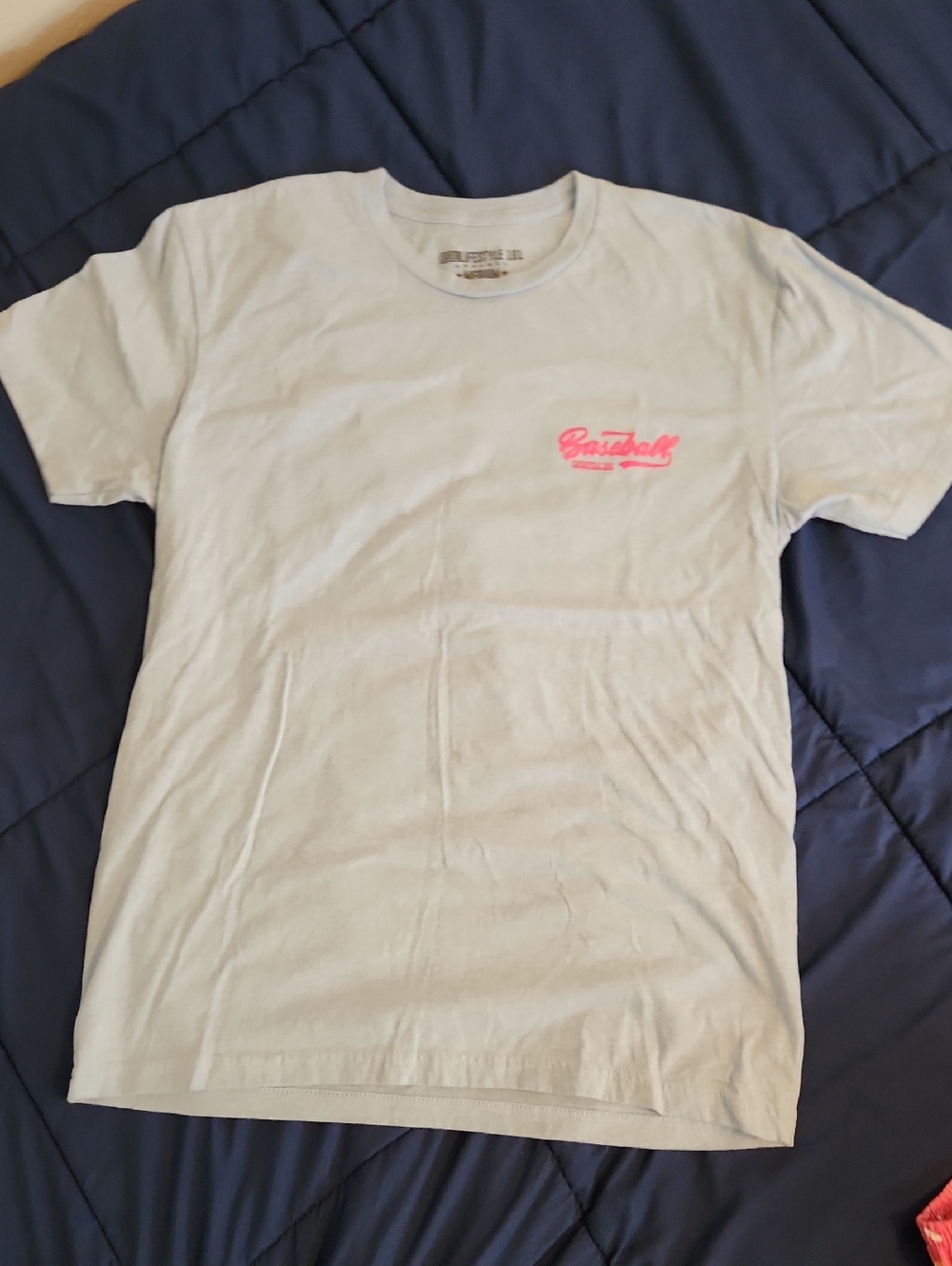 Men's Light Blue Crew Neck T-Shirt with Pink Script Logo